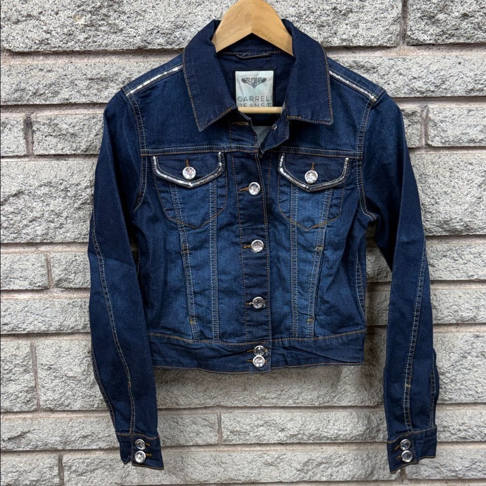 Women's Dark Blue Denim Jacket with Sparkling Buttons